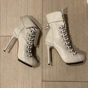 L.A.M.B. white leather lace up booties